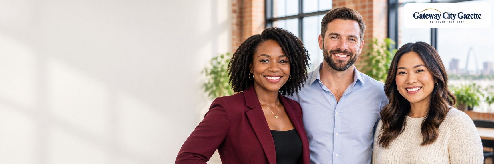 Smiling St. Louis business owners in a bright loft office